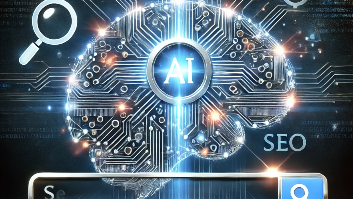 DALL·E 2024-09-16 12.23.08 - A sleek, futuristic thumbnail representing AI-powered SEO. The image features a glowing AI brain made of interconnected circuits and digital elements,