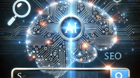 DALL·E 2024-09-16 12.23.08 - A sleek, futuristic thumbnail representing AI-powered SEO. The image features a glowing AI brain made of interconnected circuits and digital elements,
