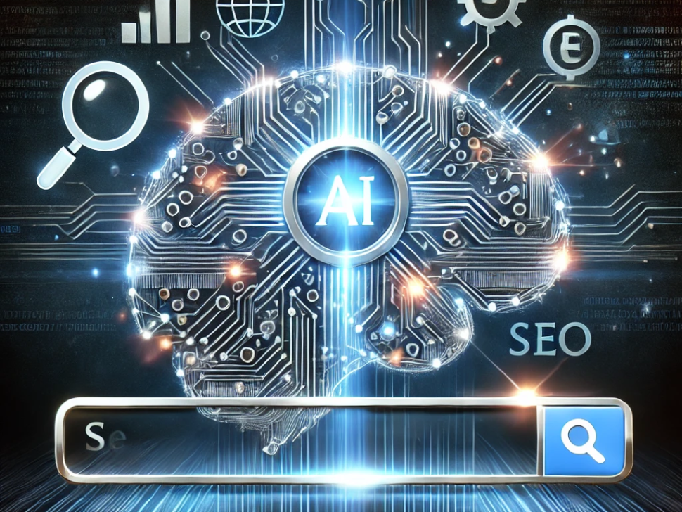 DALL·E 2024-09-16 12.23.08 - A sleek, futuristic thumbnail representing AI-powered SEO. The image features a glowing AI brain made of interconnected circuits and digital elements,